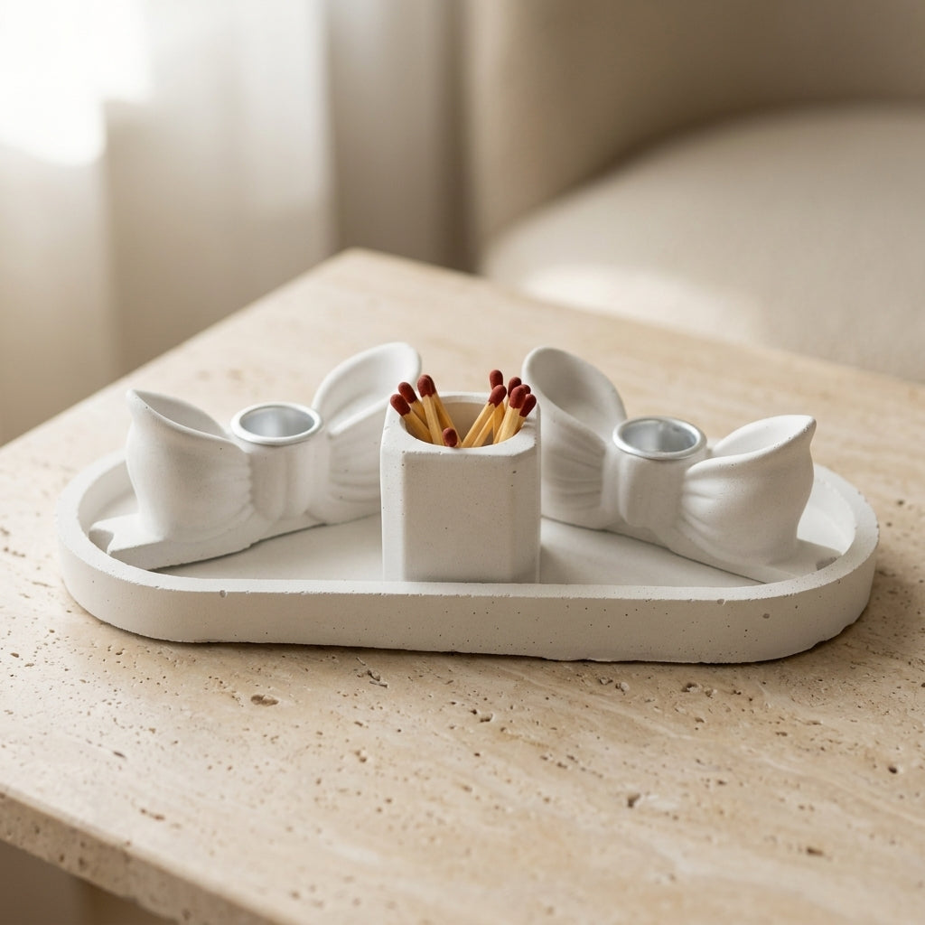 Bow Concrete Shabbat Candle Set with Tray and Match Holder