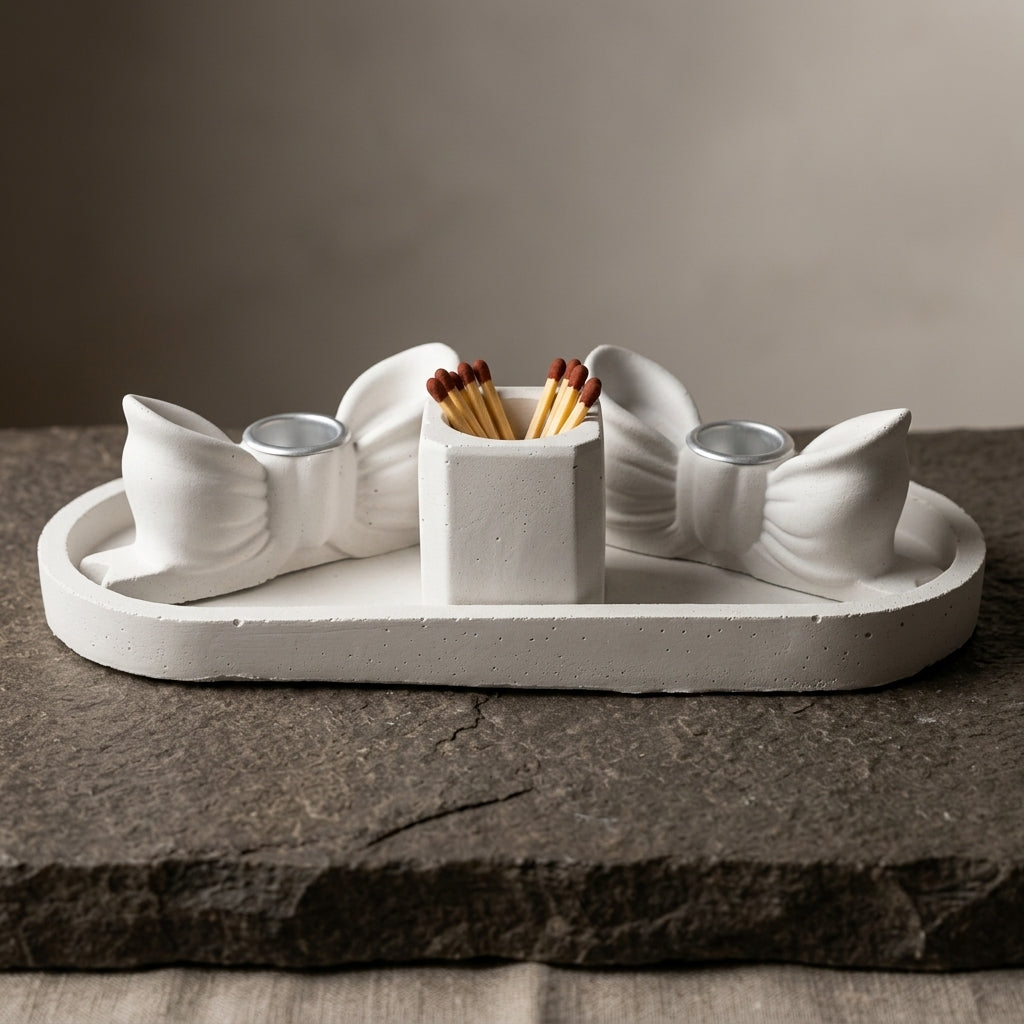 Bow Concrete Shabbat Candle Set with Tray and Match Holder