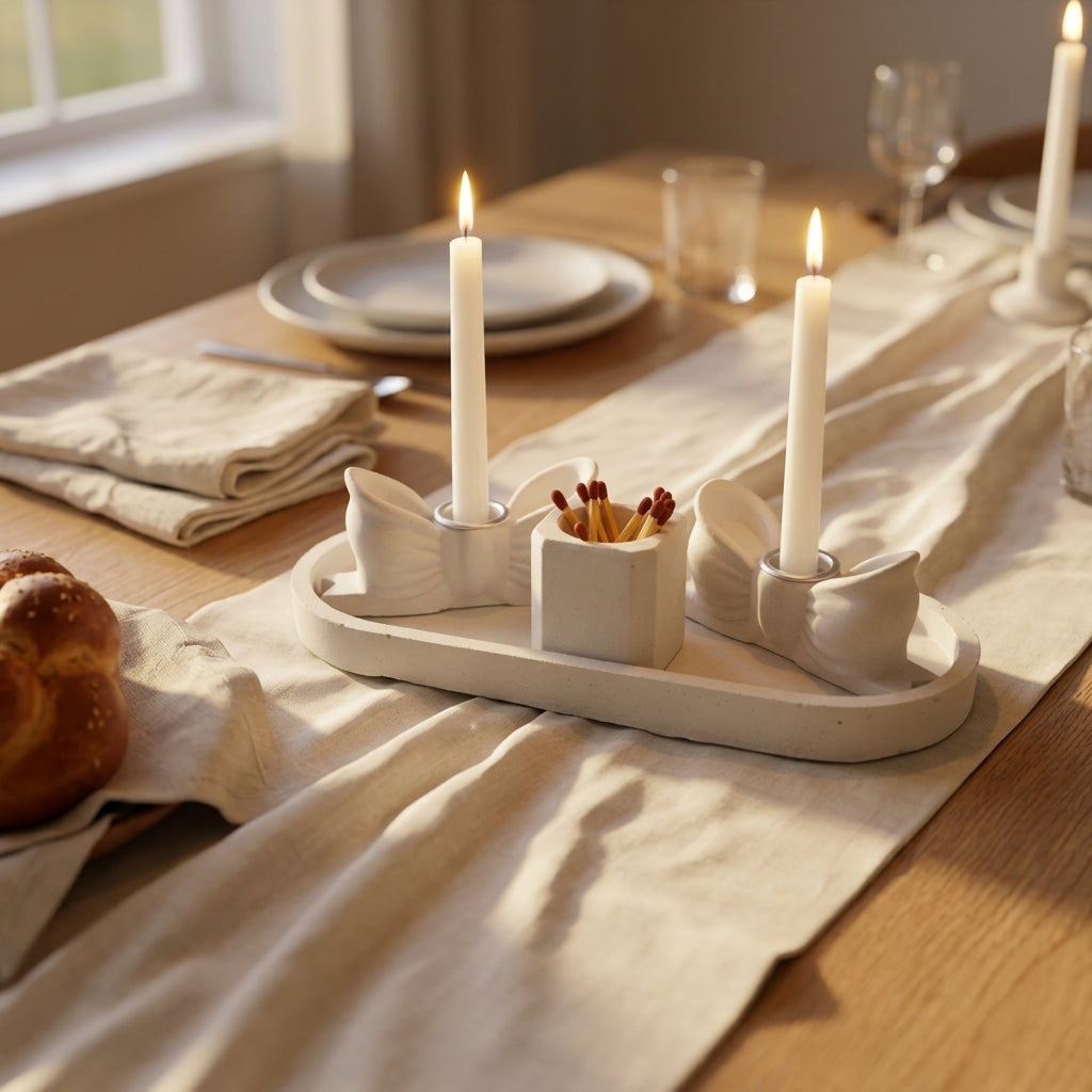 Bow Concrete Shabbat Candle Set with Tray and Match Holder