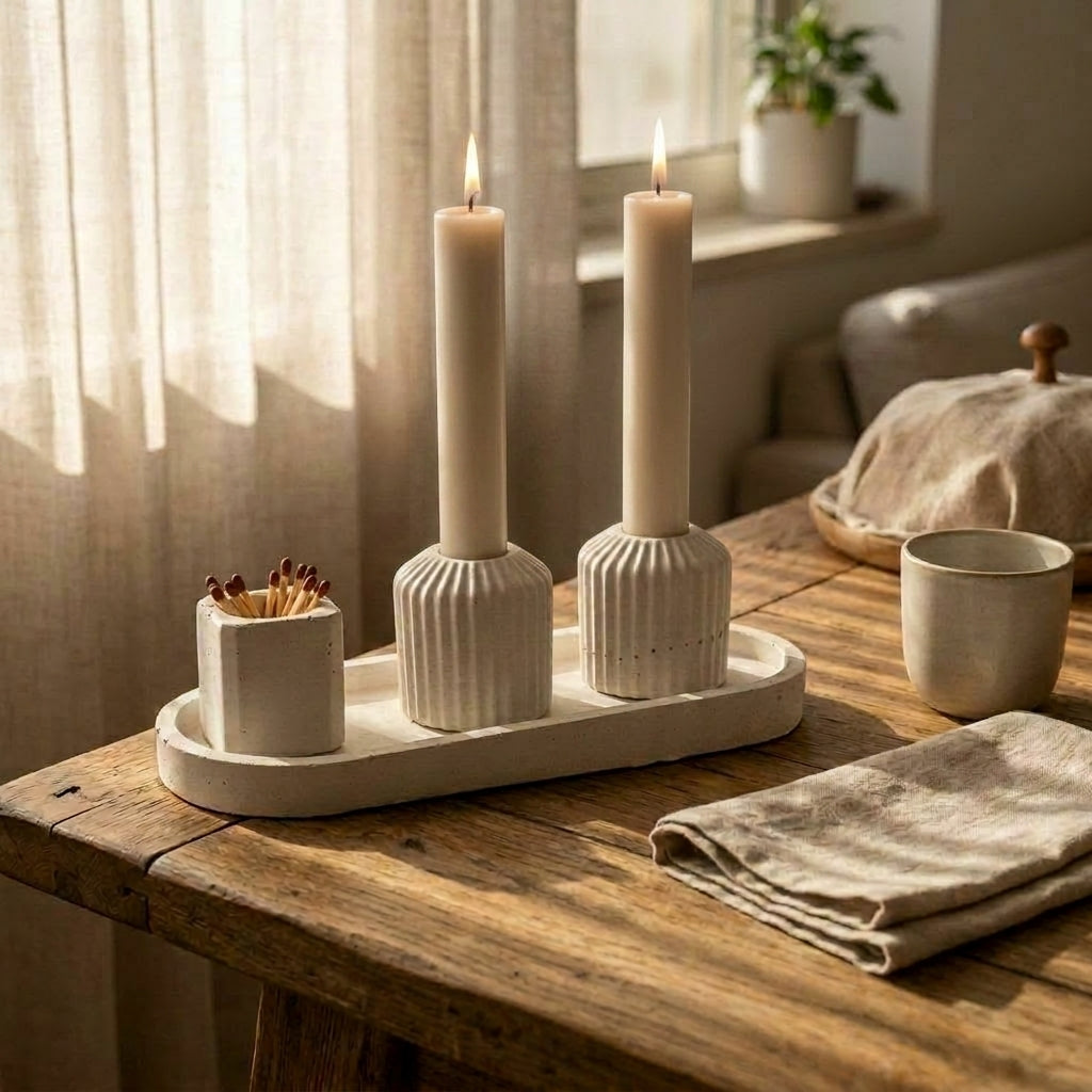 Striped Concrete Shabbat Candle Set with Tray and Match Holder