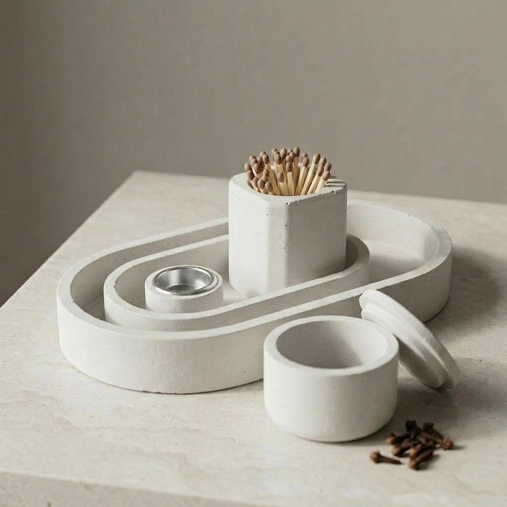 Modern Concrete Havdalah Tray Set with Match Holder and Bossomim Container
