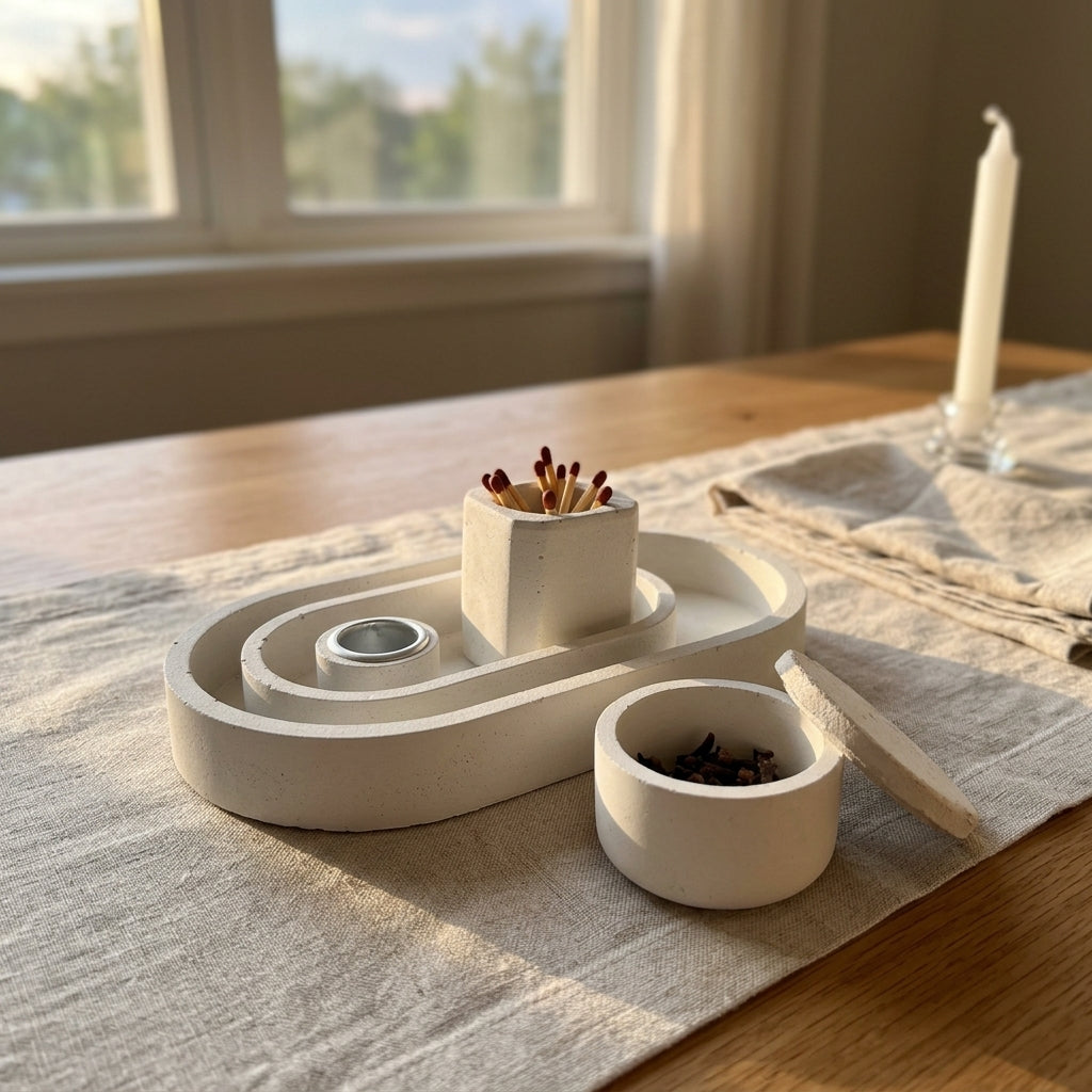 Modern Concrete Havdalah Tray Set with Match Holder and Bossomim Container