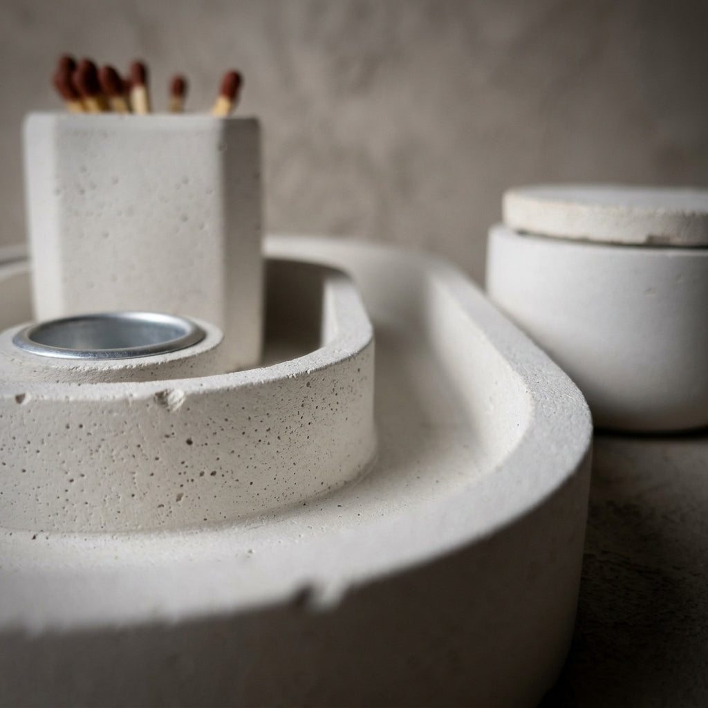 Modern Concrete Havdalah Tray Set with Match Holder and Bossomim Container
