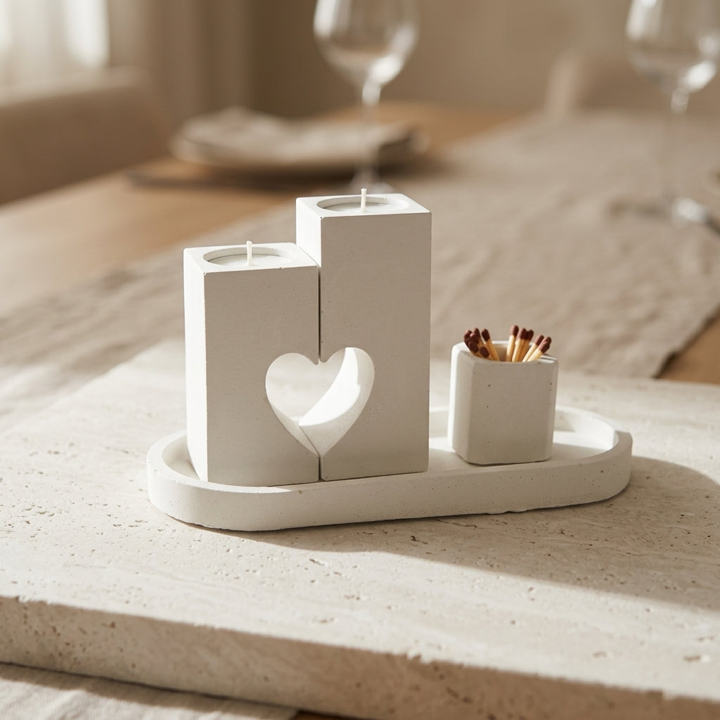 Modern Concrete Heart Shabbat Candle Set with Tray and Match Holder