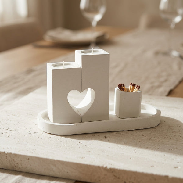 Heart Cutout Shabbat Candle Set, handmade concrete Judaica by Zohar HaOr - front view