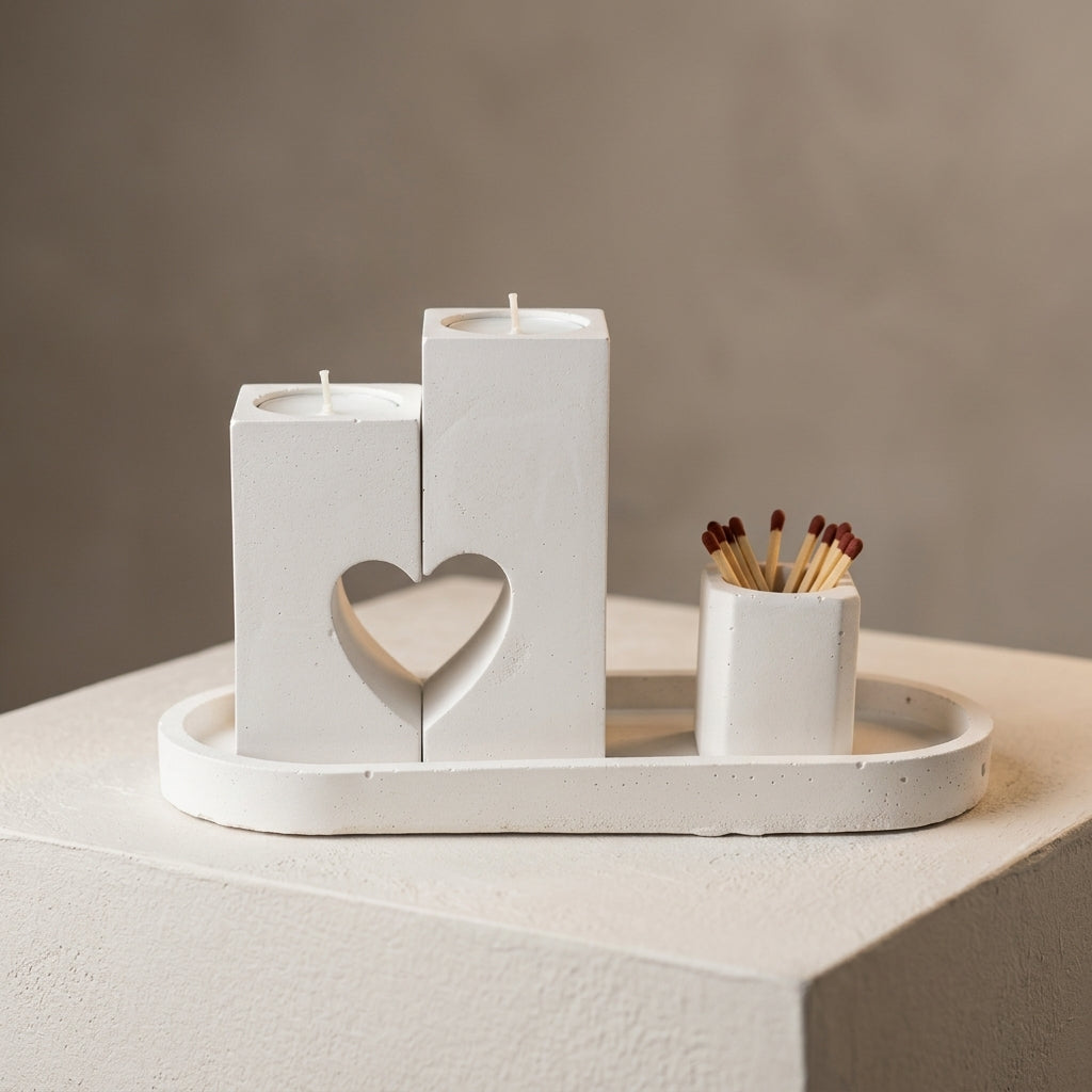 Modern Concrete Heart Shabbat Candle Set with Tray and Match Holder