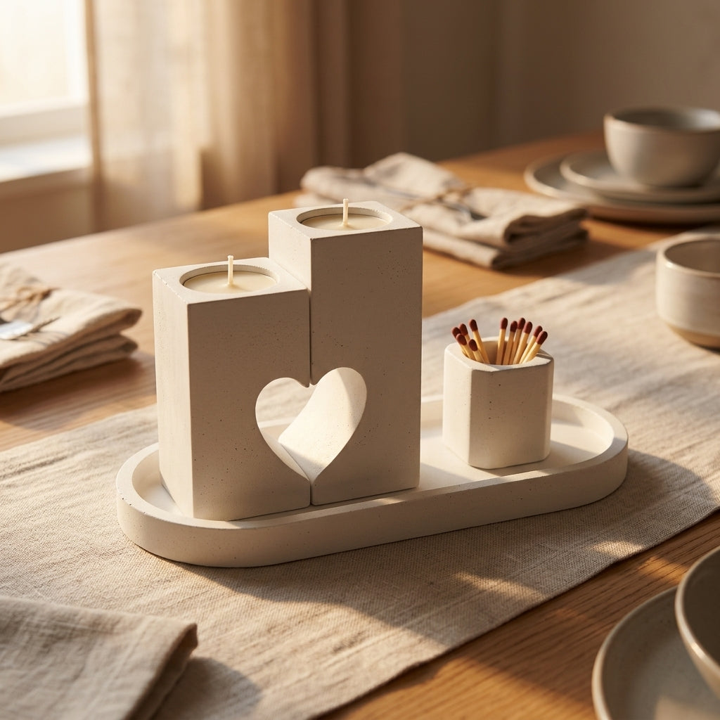 Modern Concrete Heart Shabbat Candle Set with Tray and Match Holder