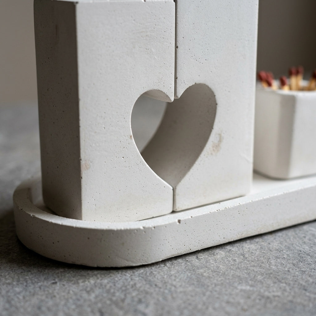Modern Concrete Heart Shabbat Candle Set with Tray and Match Holder