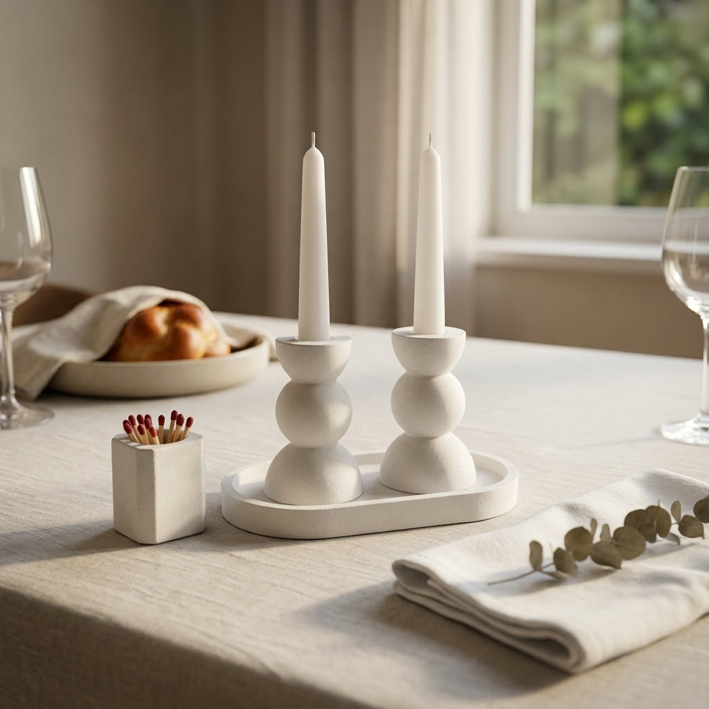 Modern Concrete Bubble Shabbat Candle Set with Tray and Match Holder