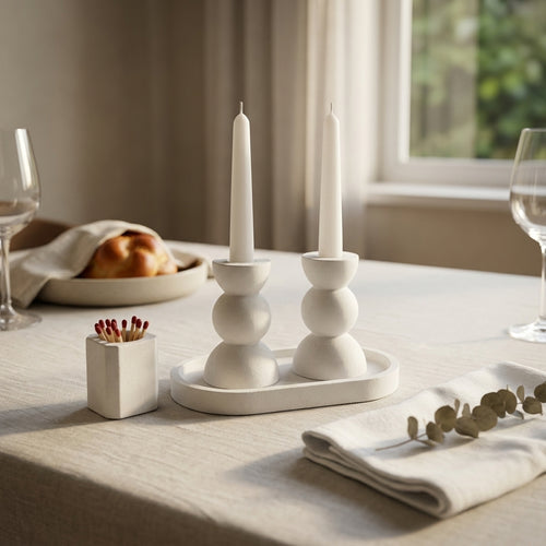 Bubble Shabbat Candle Set, handmade concrete Judaica by Zohar HaOr - styled tablescape