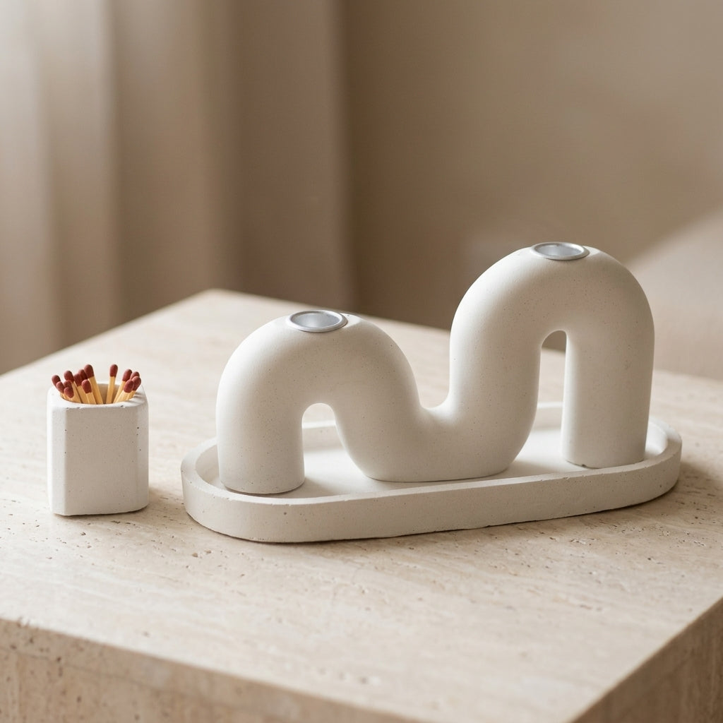 Modern M Concrete Shabbat Candle Set with Tray and Match Holder