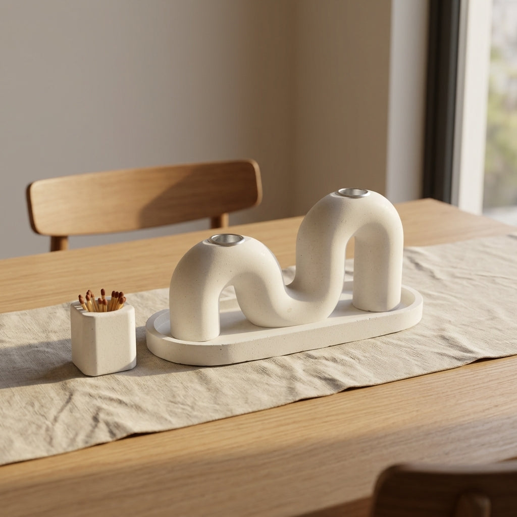 Modern M Concrete Shabbat Candle Set with Tray and Match Holder