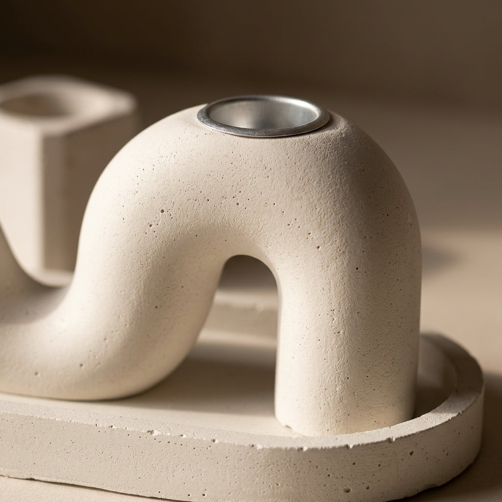 Modern M Concrete Shabbat Candle Set with Tray and Match Holder