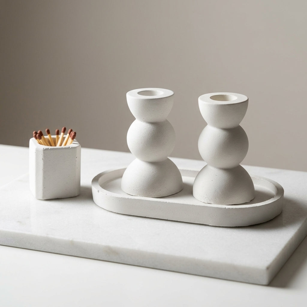 Modern Concrete Bubble Shabbat Candle Set with Tray and Match Holder