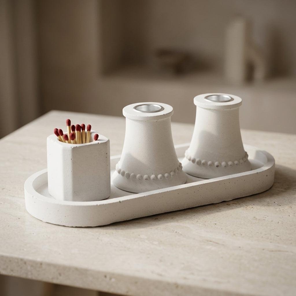 Modern Pearl Concrete Shabbat Candle Set with Tray and Match Holder