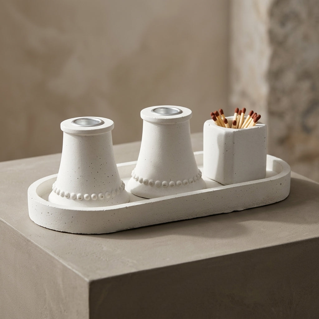 Modern Pearl Concrete Shabbat Candle Set with Tray and Match Holder