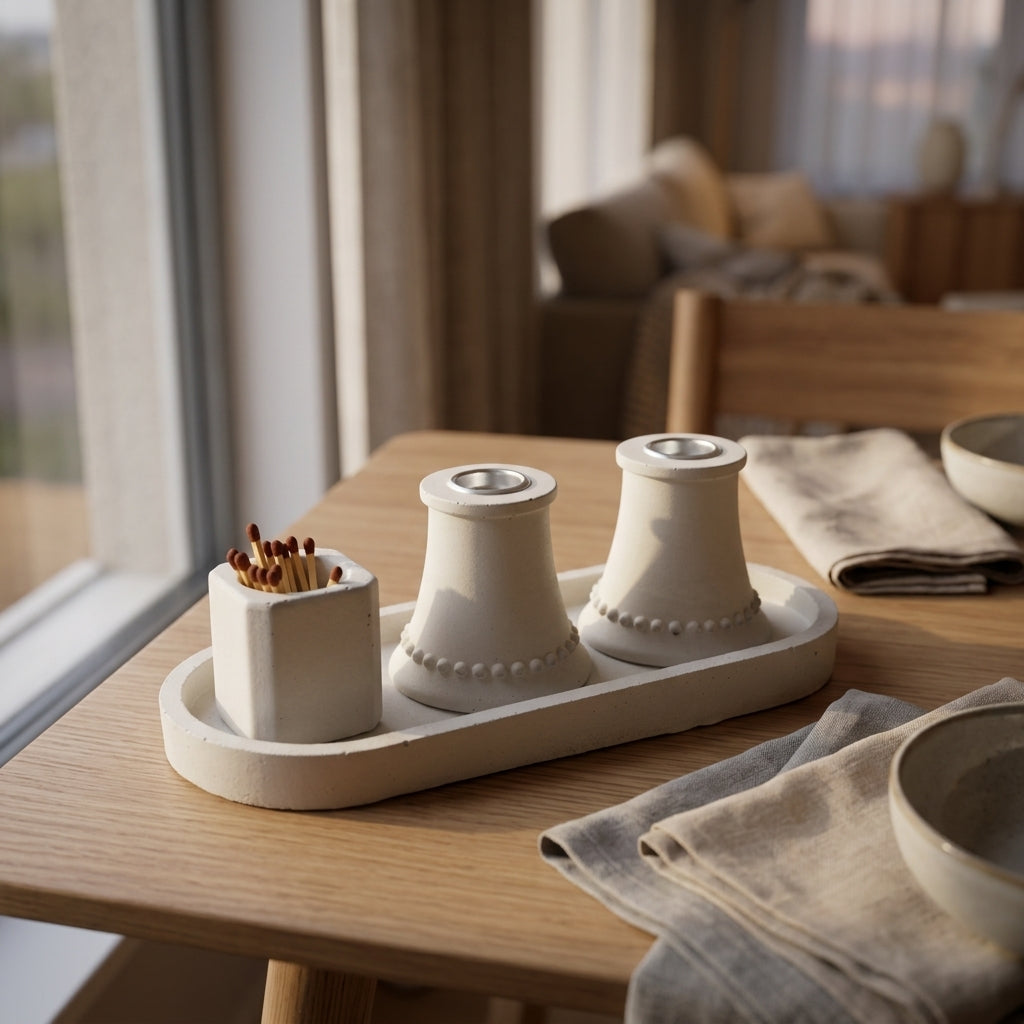 Modern Pearl Concrete Shabbat Candle Set with Tray and Match Holder