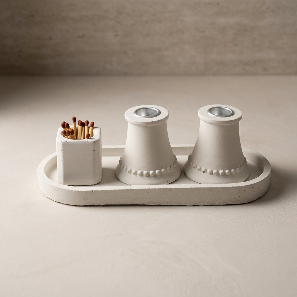 Modern Pearl Concrete Shabbat Candle Set with Tray and Match Holder