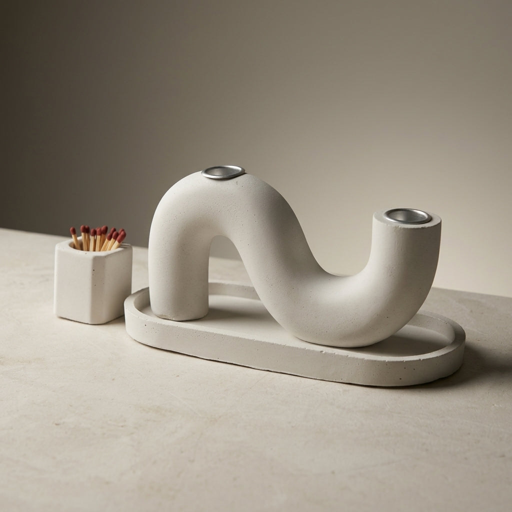 Modern S Concrete Shabbat Candle Set with Tray and Match Holder