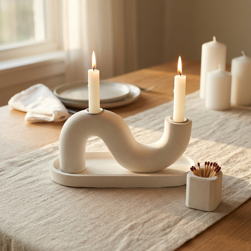 Modern S Concrete Shabbat Candle Set with Tray and Match Holder