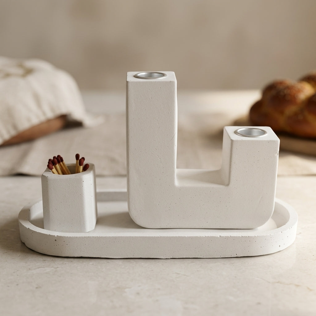 Modern U Concrete Shabbat Candle Set with Tray and Match Holder
