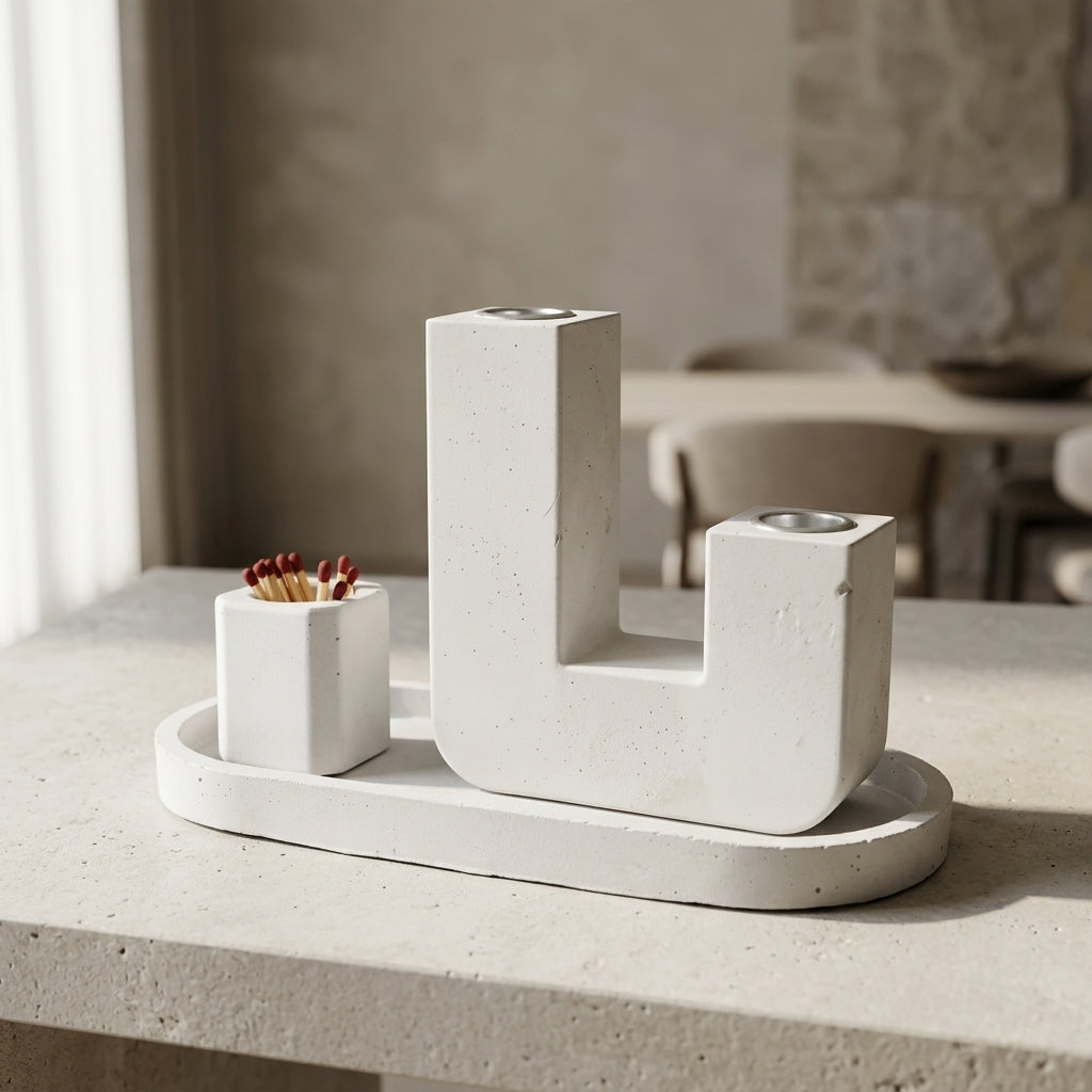 Modern U Concrete Shabbat Candle Set with Tray and Match Holder