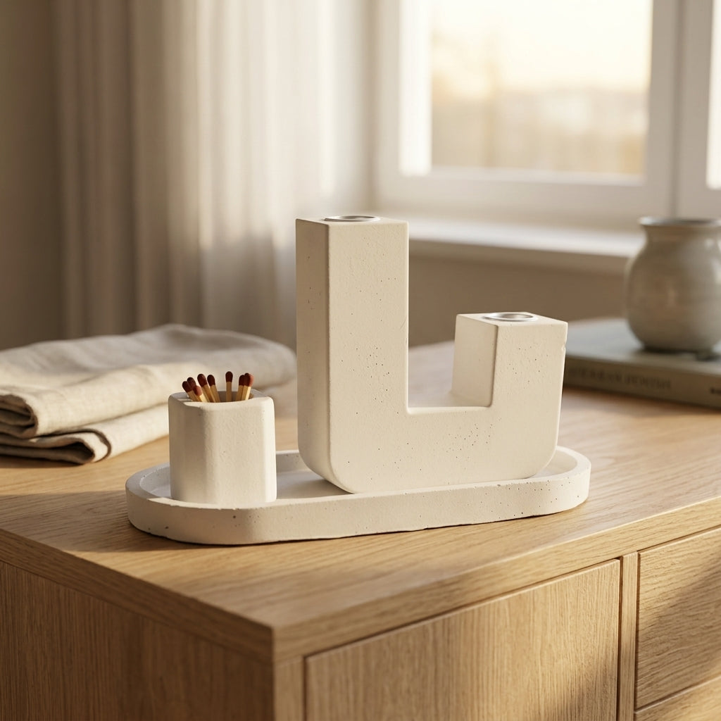 Modern U Concrete Shabbat Candle Set with Tray and Match Holder