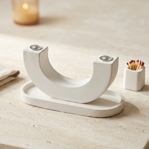 Arch U Shabbat Candle Set, handmade concrete Judaica by Zohar HaOr - front view