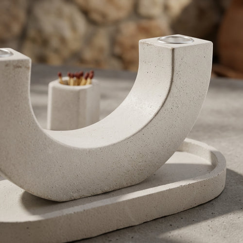 Arch U Shabbat Candle Set, handmade concrete Judaica by Zohar HaOr - styled tablescape