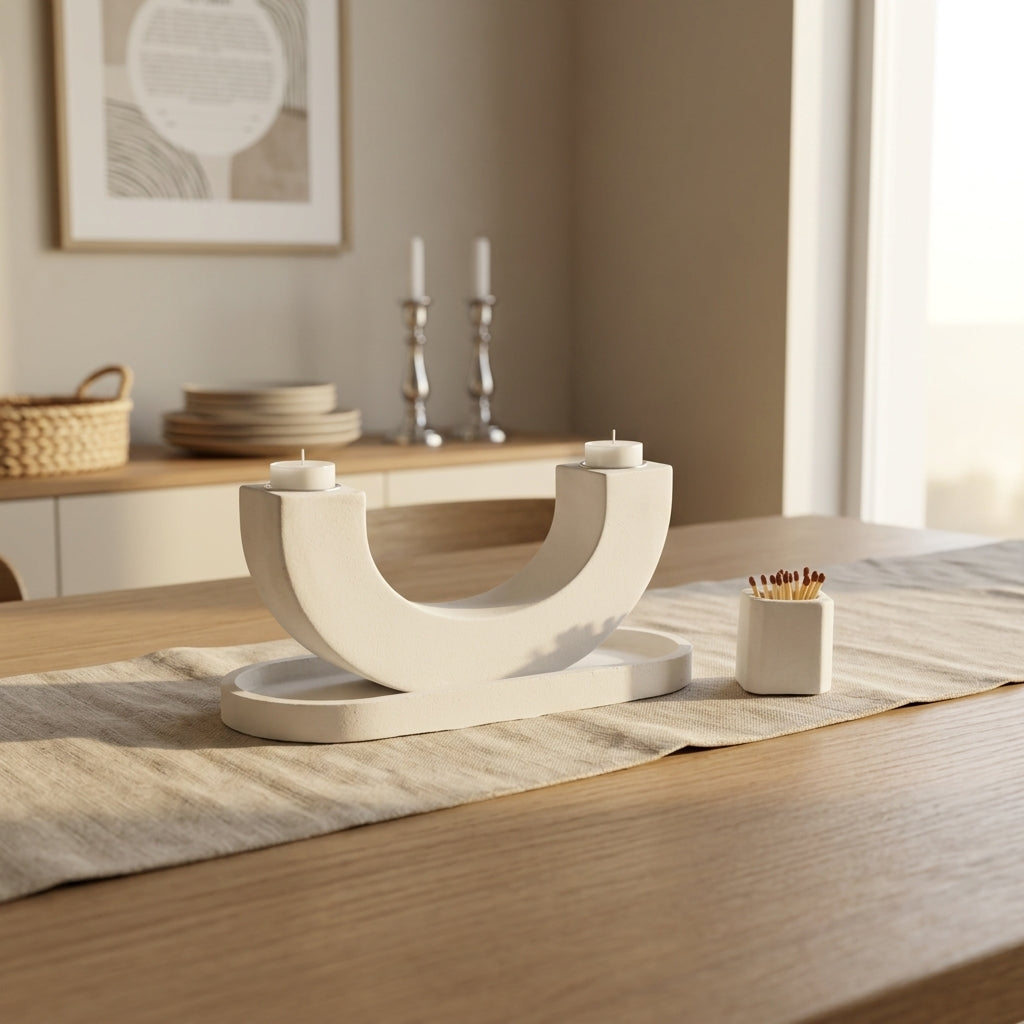 Modern Arch U Concrete Shabbat Candle Set with Tray and Match Holder