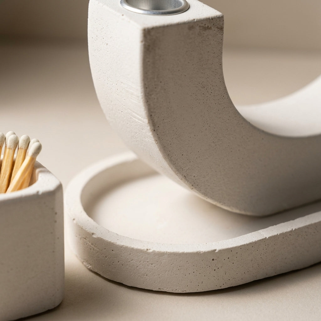 Modern Arch U Concrete Shabbat Candle Set with Tray and Match Holder