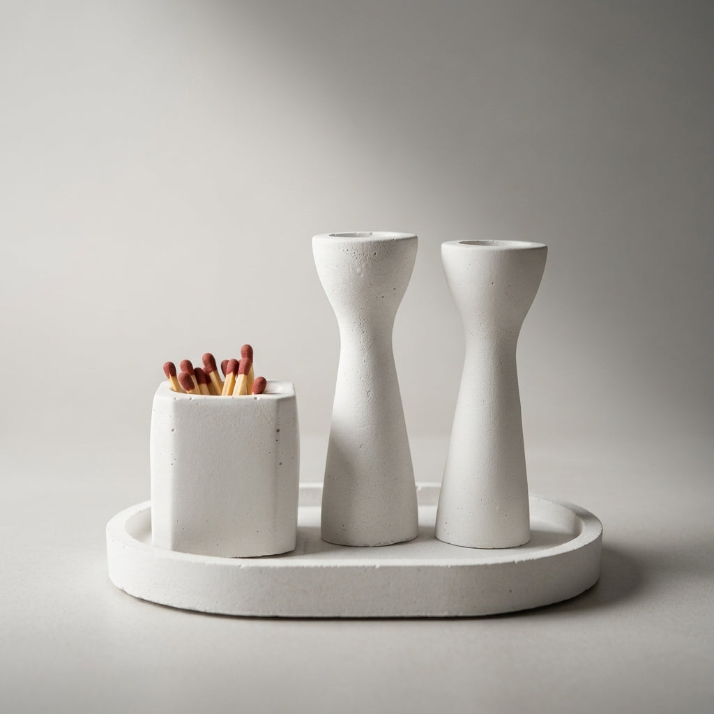 Modern Mini Concrete Shabbat Candlestick Set with Tray and Match Holder