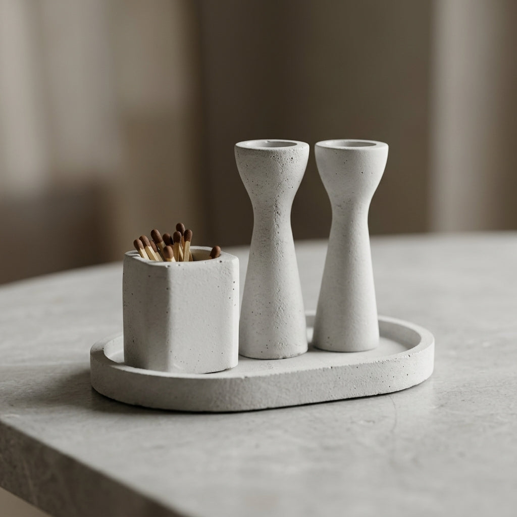 Modern Mini Concrete Shabbat Candlestick Set with Tray and Match Holder