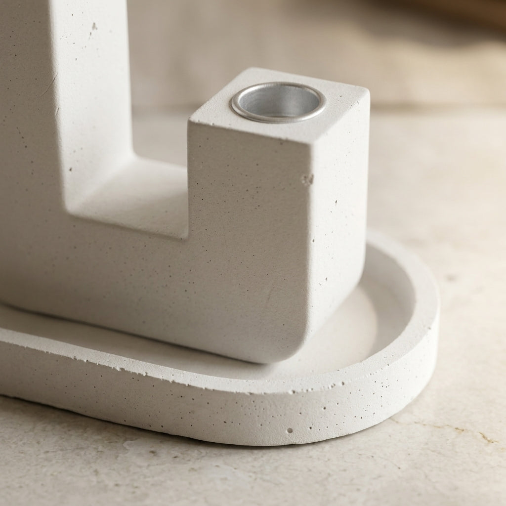Modern U Concrete Shabbat Candle Set with Tray and Match Holder