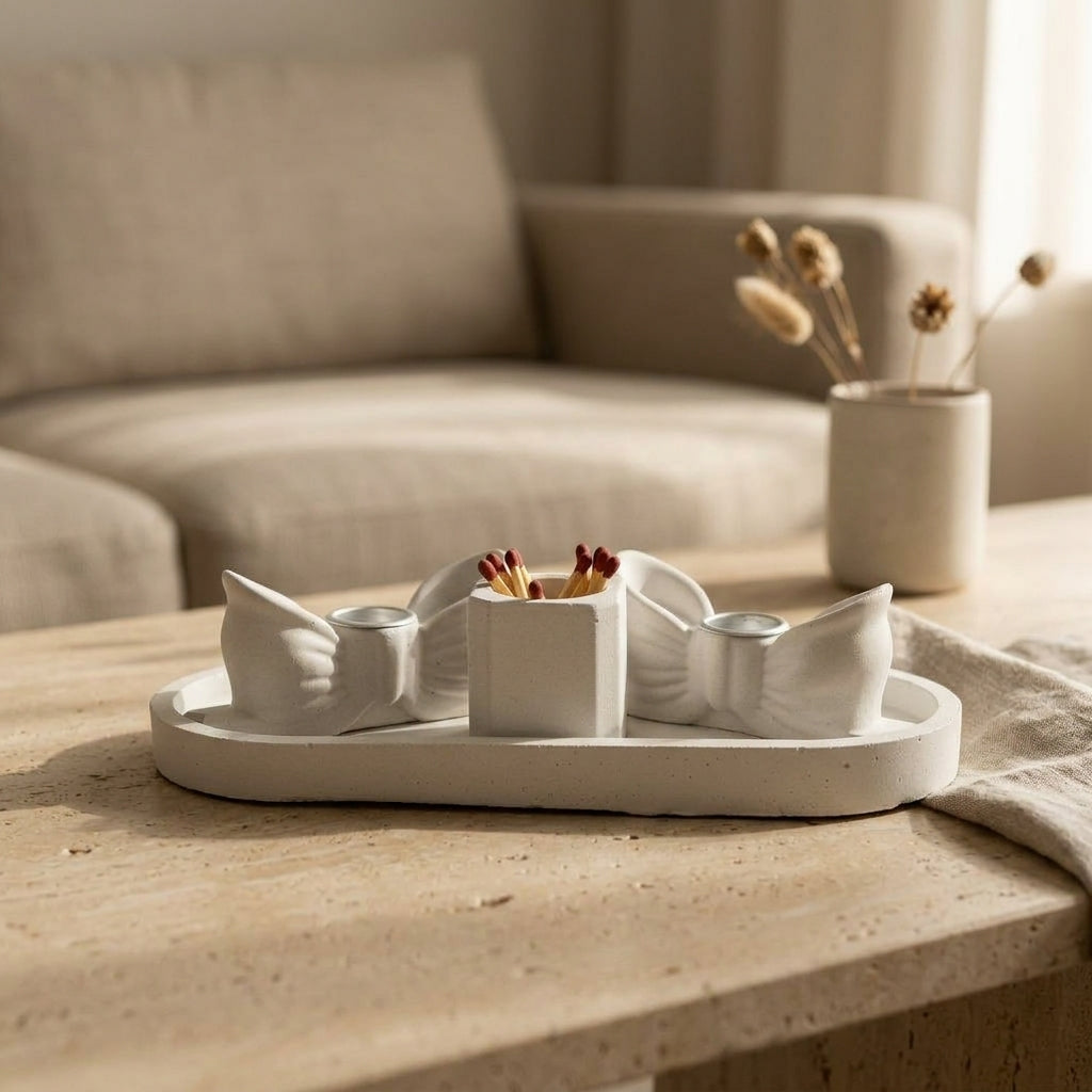Bow Concrete Shabbat Candle Set with Tray and Match Holder