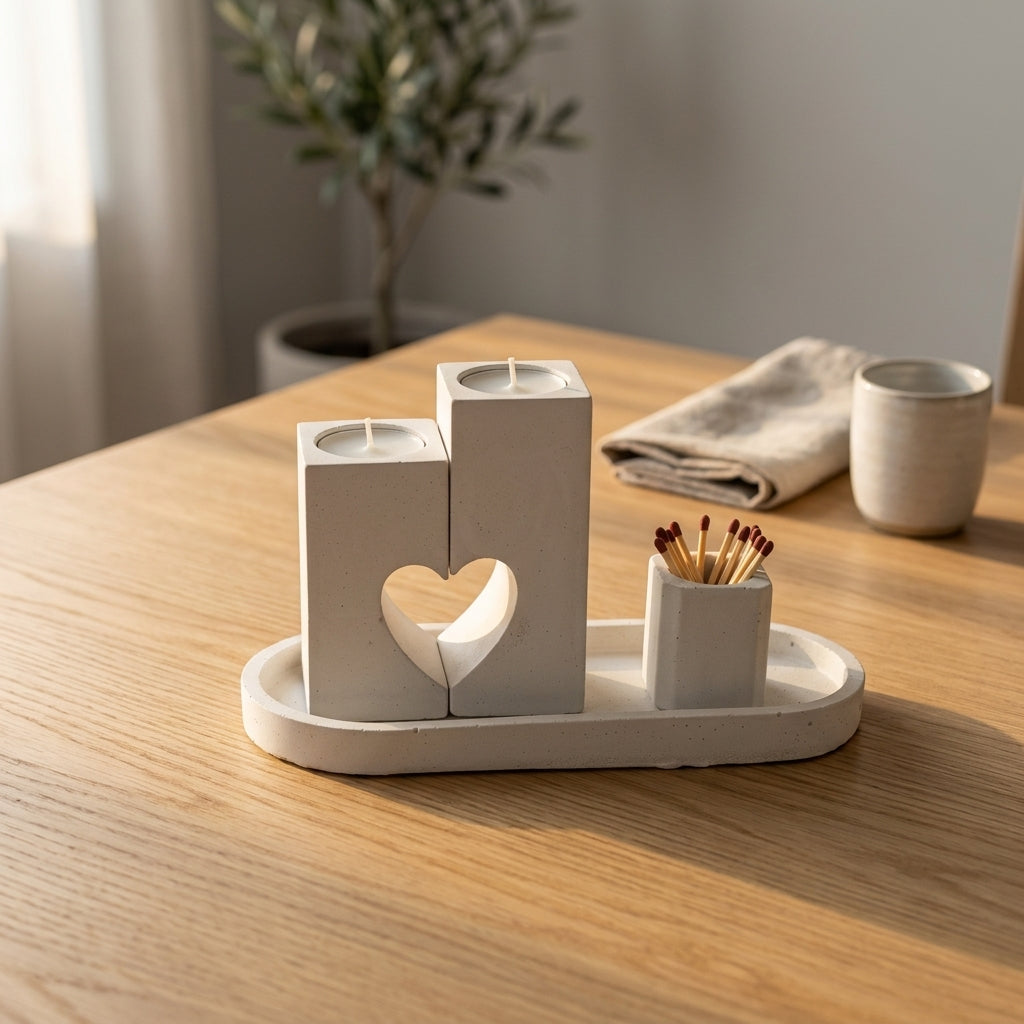 Modern Concrete Heart Shabbat Candle Set with Tray and Match Holder