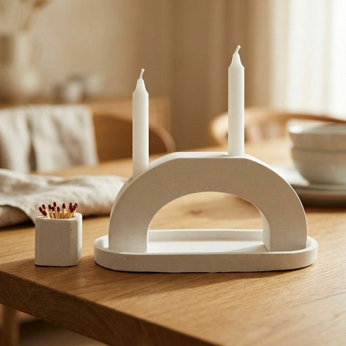Arch Shabbat Candle Set, handmade concrete Judaica by Zohar HaOr - front view