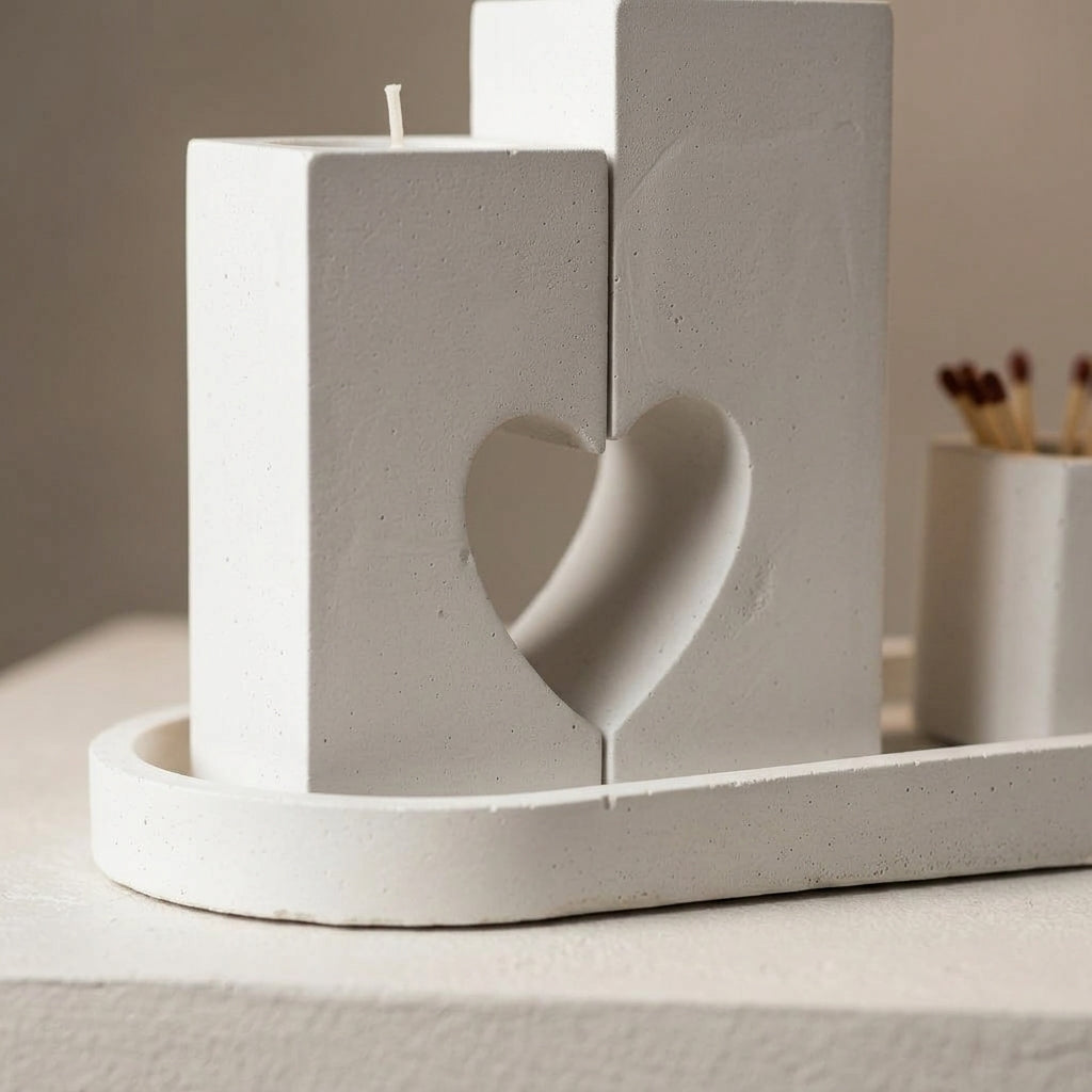Modern Concrete Heart Shabbat Candle Set with Tray and Match Holder
