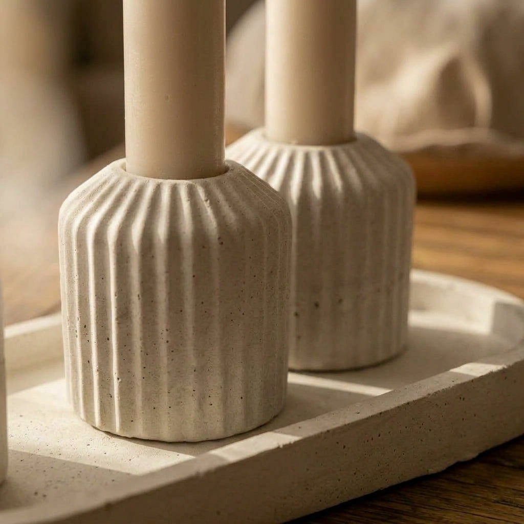 Striped Concrete Shabbat Candle Set with Tray and Match Holder