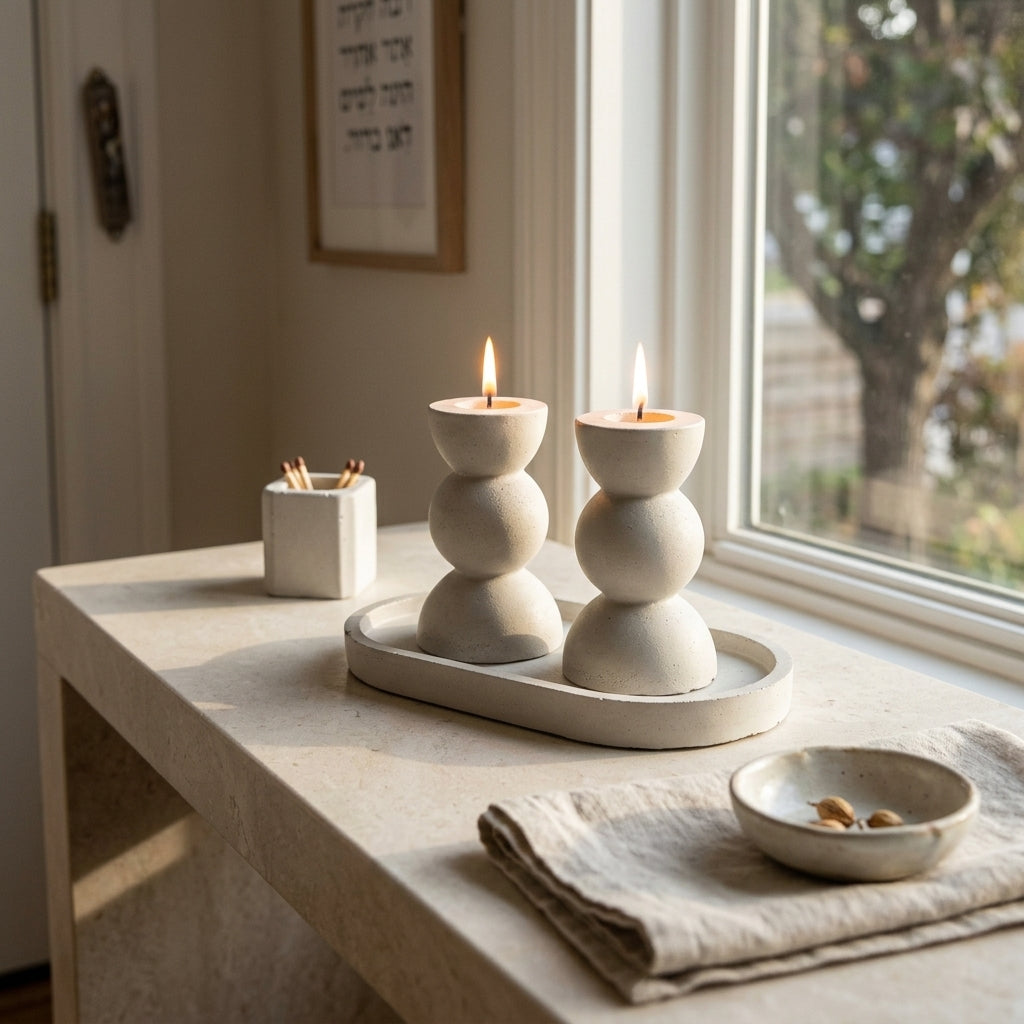 Modern Concrete Bubble Shabbat Candle Set with Tray and Match Holder