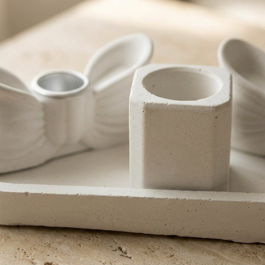 Bow Concrete Shabbat Candle Set with Tray and Match Holder