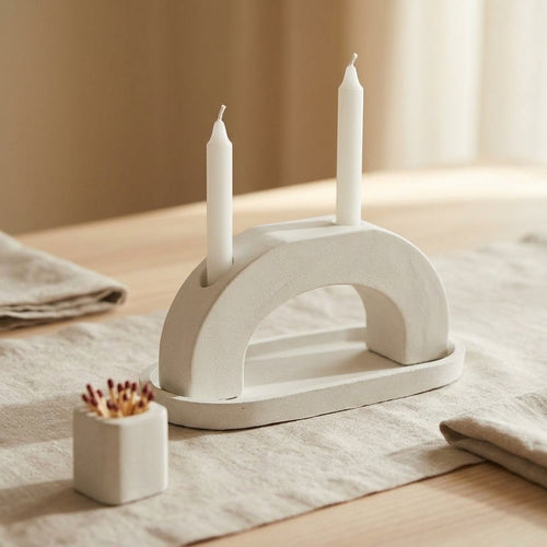 Arch Shabbat Candle Set, handmade concrete Judaica by Zohar HaOr - detail close-up