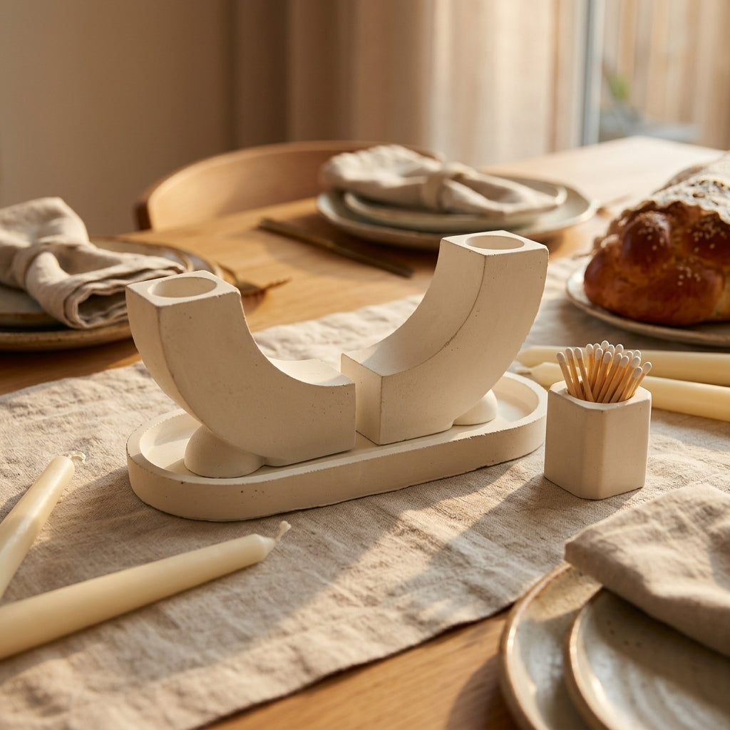Modern J Concrete Shabbat Candle Set
