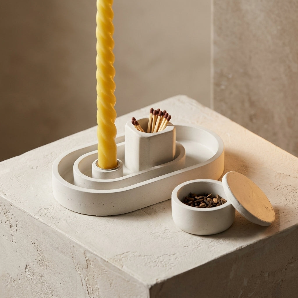 Modern Concrete Havdalah Tray Set with Match Holder and Bossomim Container