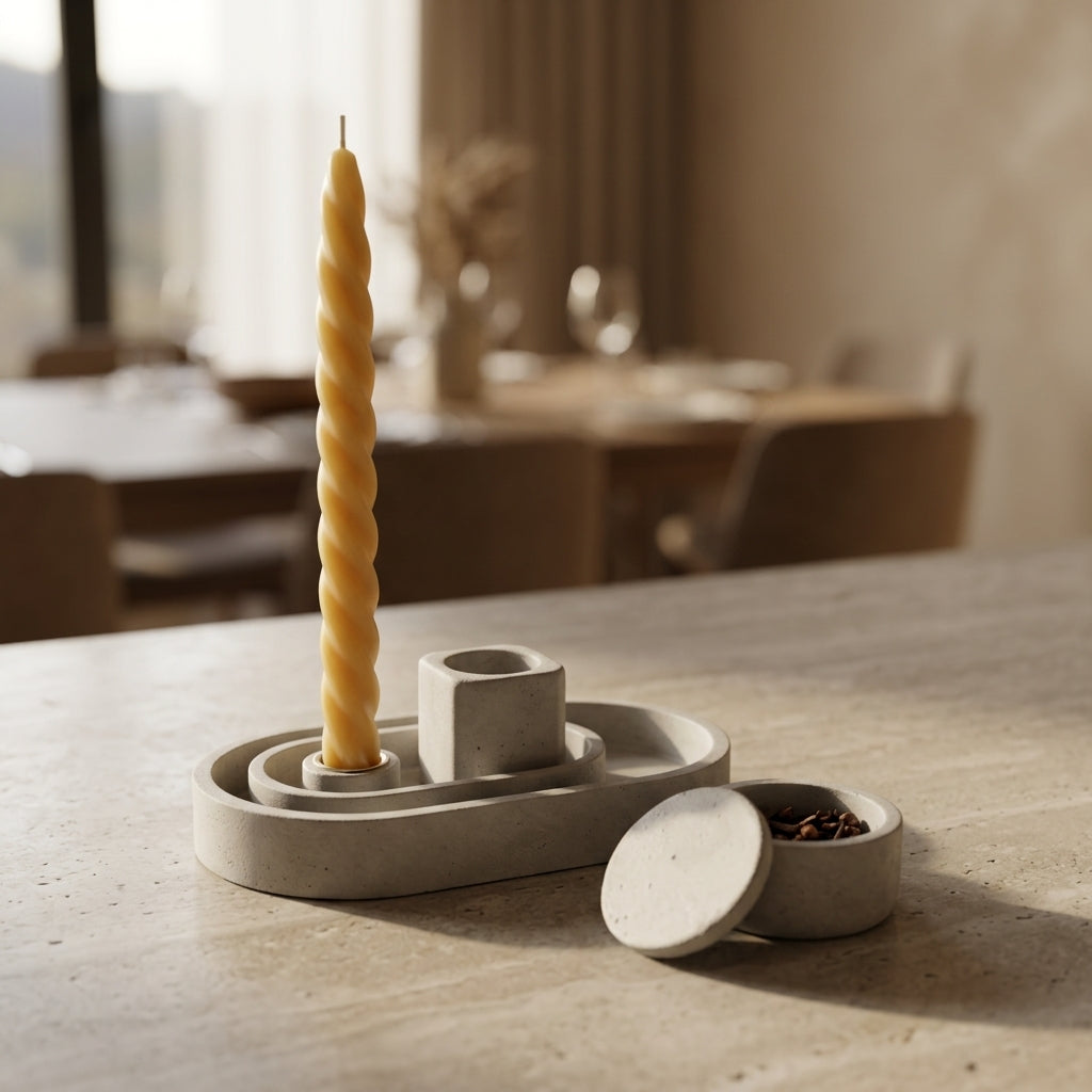 Modern Concrete Havdalah Tray Set with Match Holder and Bossomim Container