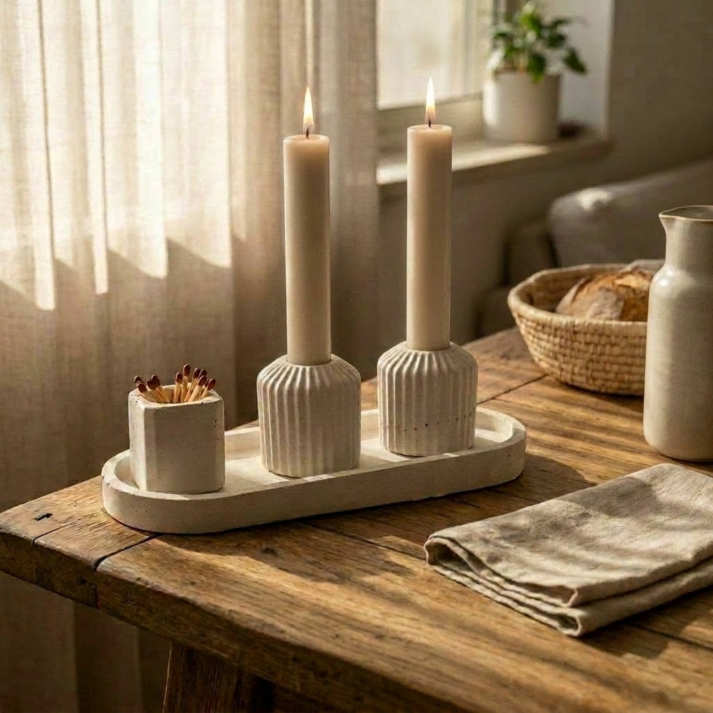 Striped Concrete Shabbat Candle Set with Tray and Match Holder