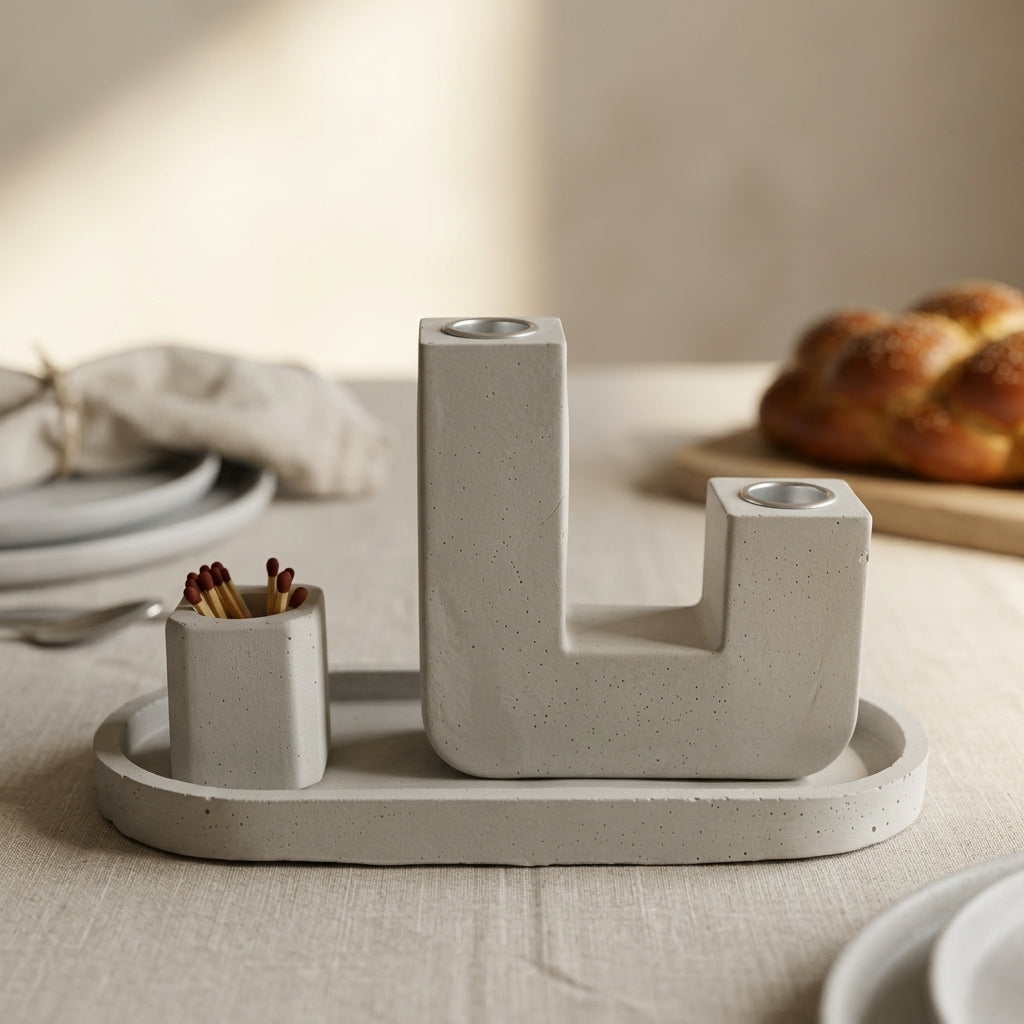 Modern U Concrete Shabbat Candle Set with Tray and Match Holder