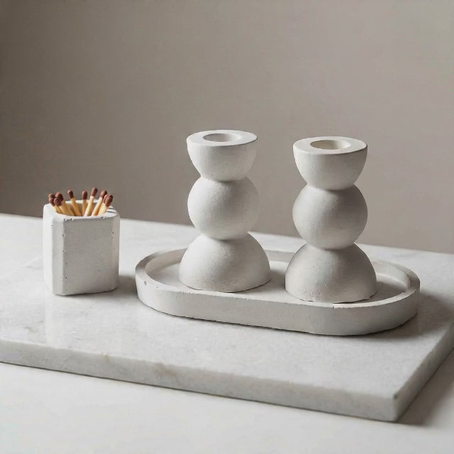 Modern Concrete Bubble Shabbat Candle Set with Tray and Match Holder