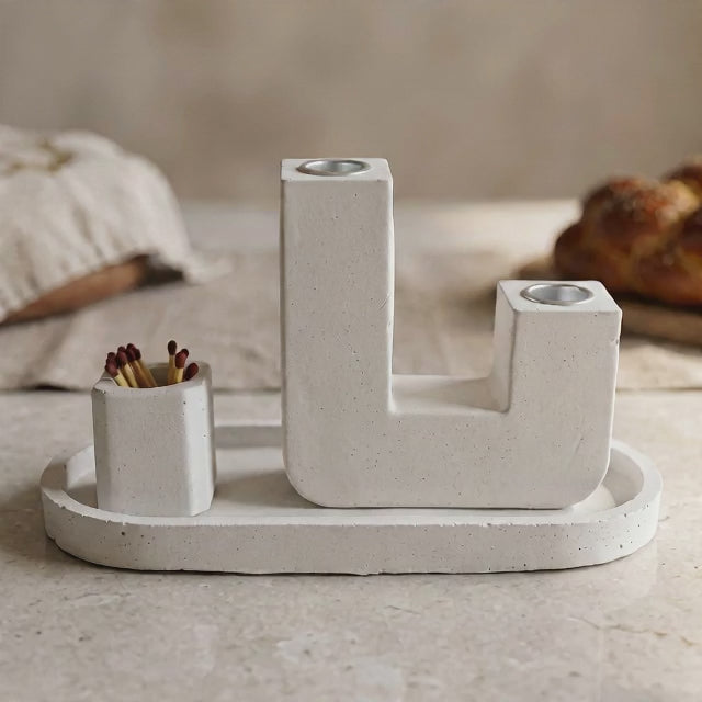 Modern U Concrete Shabbat Candle Set with Tray and Match Holder