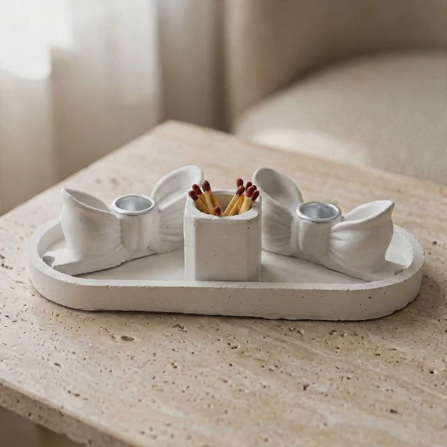 Bow Concrete Shabbat Candle Set with Tray and Match Holder